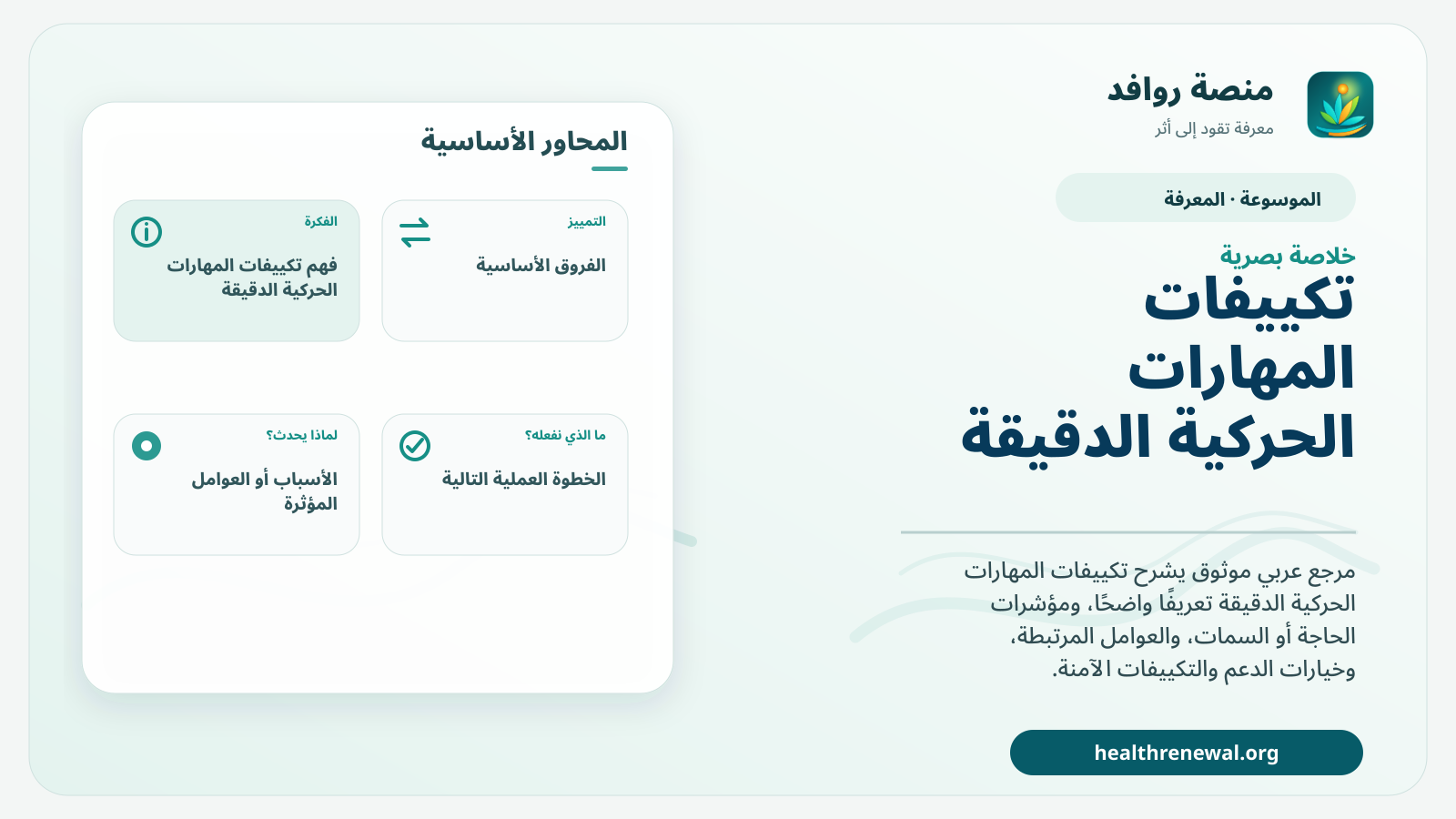 صورة بارزة من منصة روافد تلخص «تكييفات المهارات الحركية الدقيقة» بصريًا وفق محاور الصفحة الأساسية