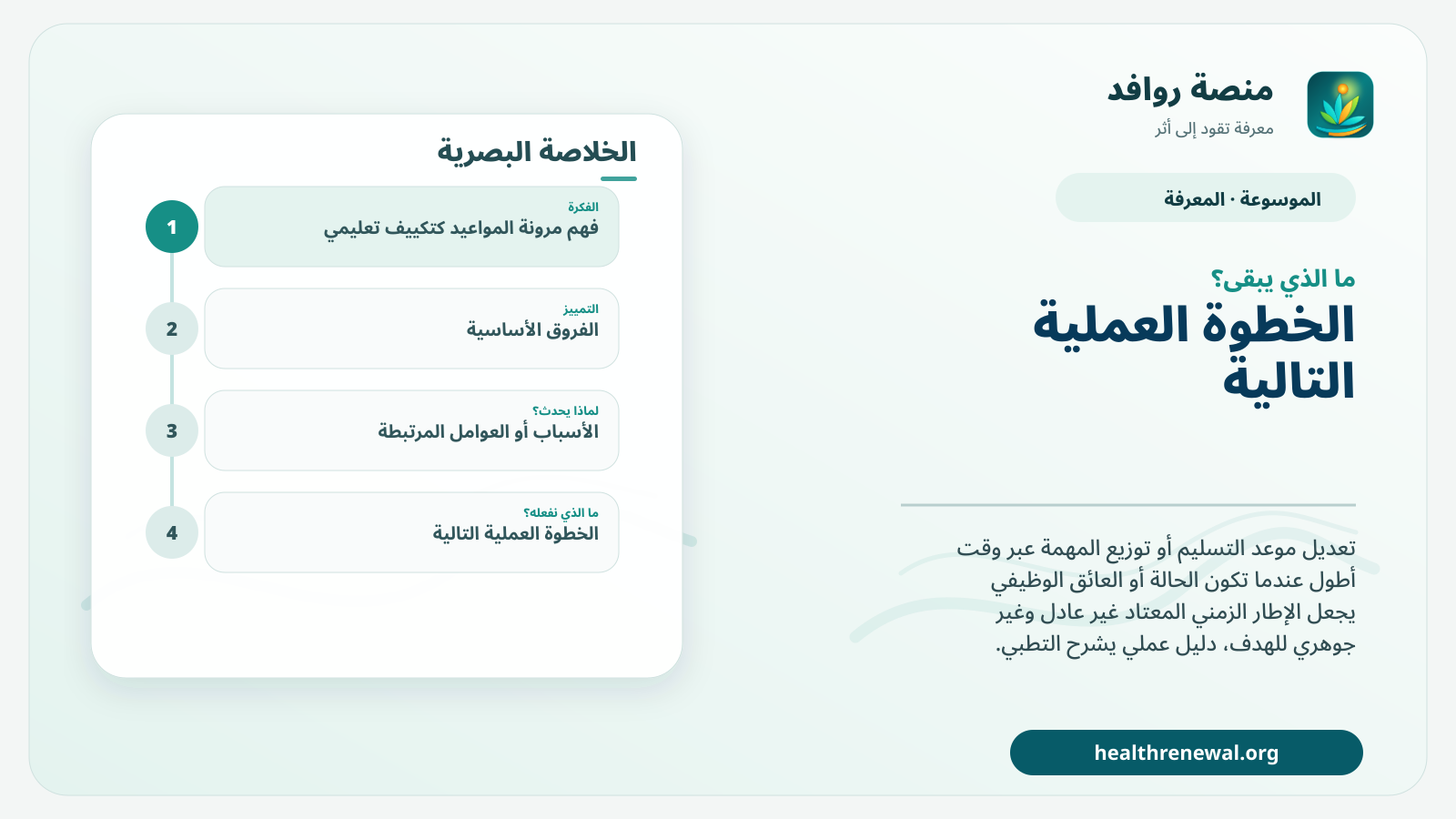 مخطط ختامي من منصة روافد يلخص «مرونة المواعيد كتكييف تعليمي» ويعرض أهم المحاور والخطوات التالية