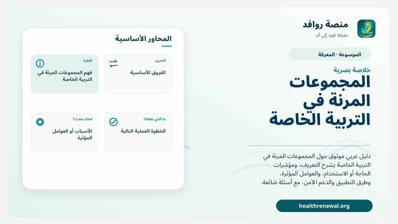 صورة بارزة من منصة روافد تلخص «المجموعات المرنة في التربية الخاصة» بصريًا وفق محاور الصفحة الأساسية