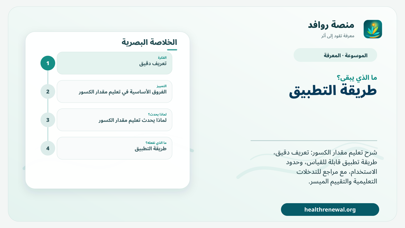 مخطط ختامي من منصة روافد يلخص «تعليم مقدار الكسور» ويعرض أهم المحاور والخطوات التالية