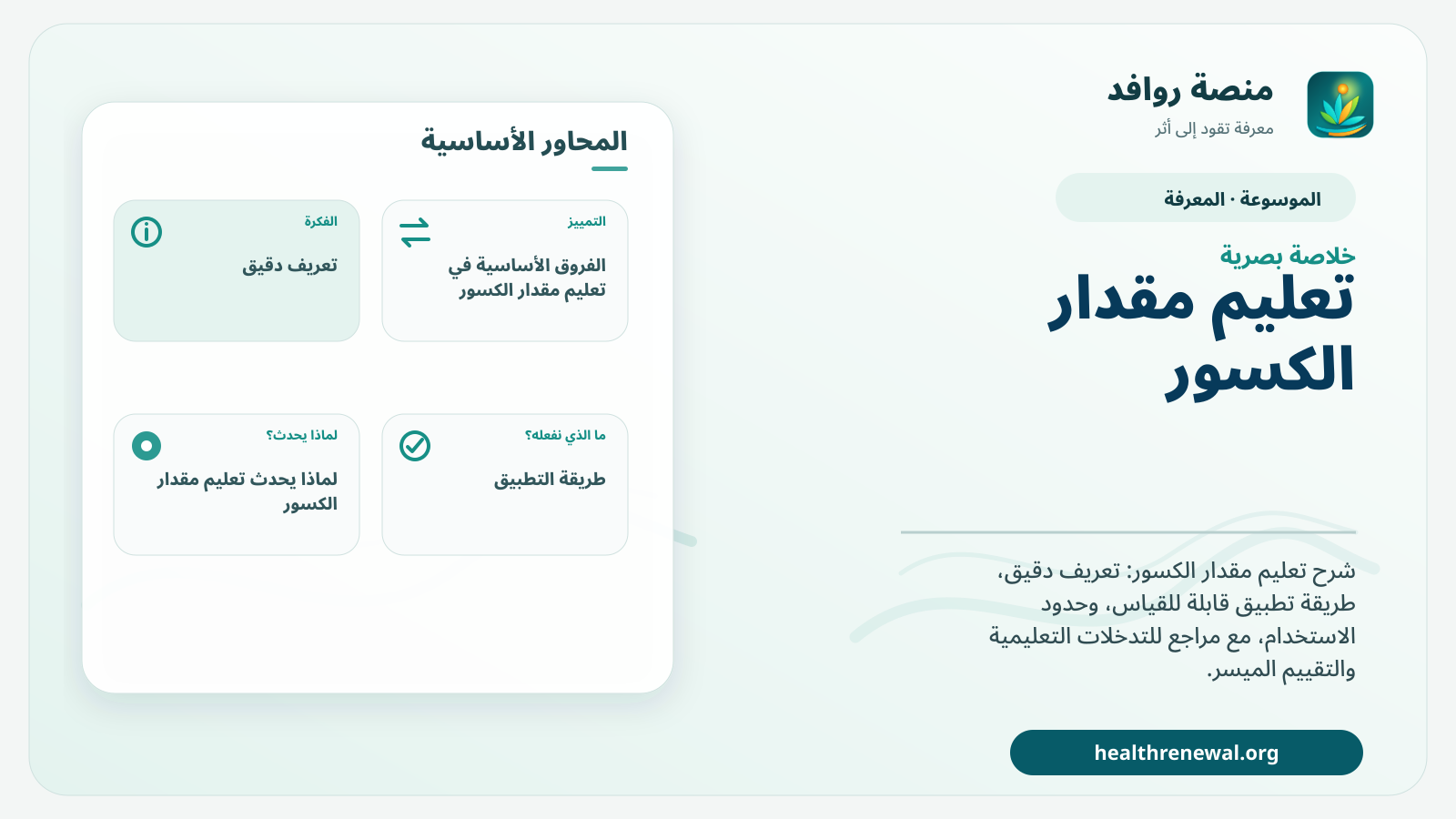 صورة بارزة من منصة روافد تلخص «تعليم مقدار الكسور» بصريًا وفق محاور الصفحة الأساسية