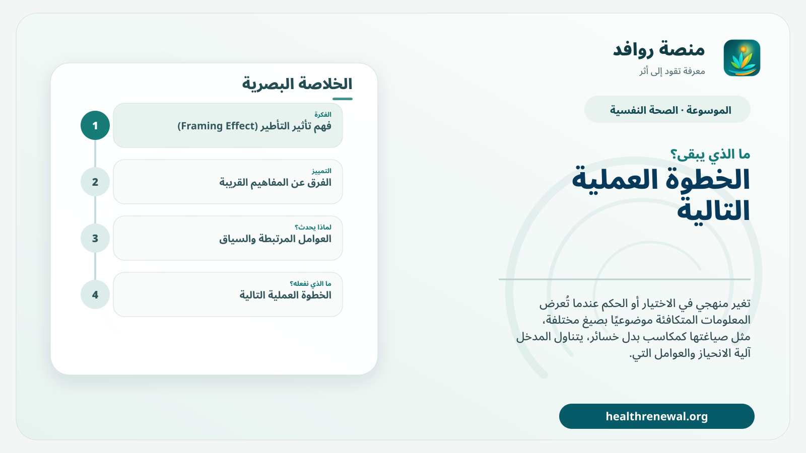 مخطط ختامي من منصة روافد يلخص «تأثير التأطير (Framing Effect)» ويعرض أهم المحاور والخطوات التالية
