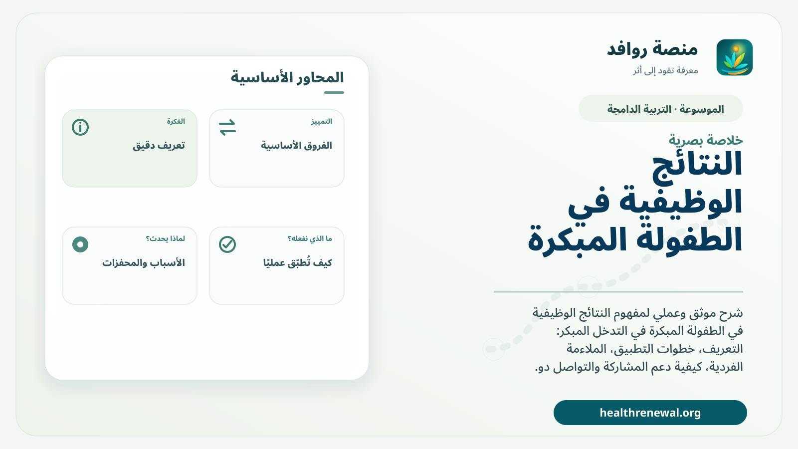 صورة بارزة من منصة روافد تلخص «النتائج الوظيفية في الطفولة المبكرة» بصريًا وفق محاور الصفحة الأساسية