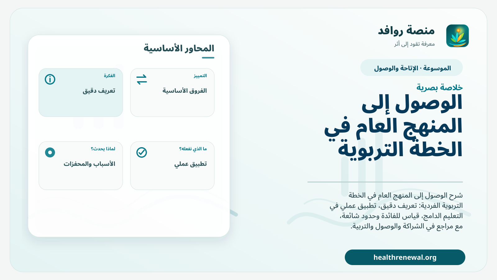 صورة بارزة من منصة روافد تلخص «الوصول إلى المنهج العام في الخطة التربوية الفردية» بصريًا وفق محاور الصفحة الأساسية