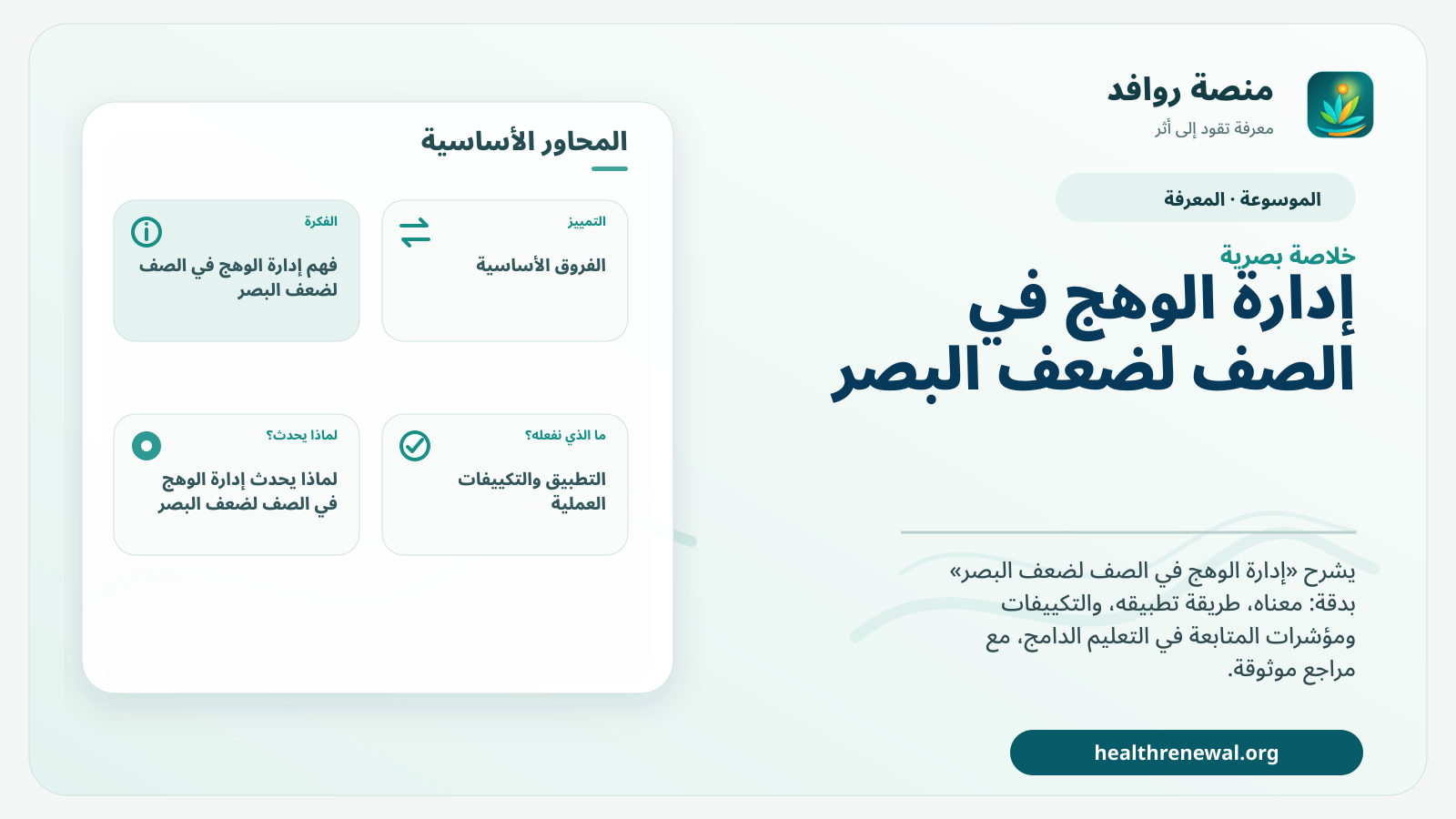 صورة بارزة من منصة روافد تلخص «إدارة الوهج في الصف لضعف البصر» بصريًا وفق محاور الصفحة الأساسية