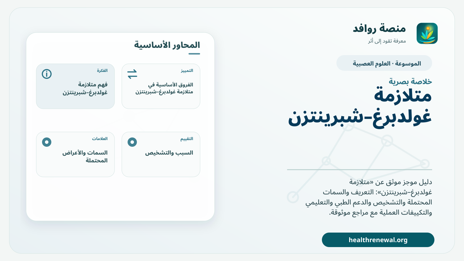 صورة بارزة من منصة روافد تلخص «متلازمة غولدبرغ–شبرينتزن» بصريًا وفق محاور الصفحة الأساسية