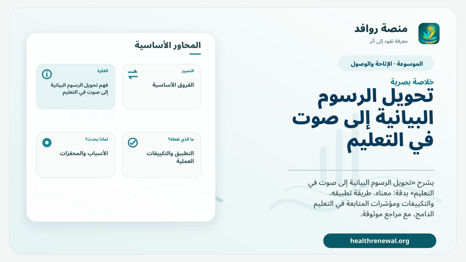 صورة بارزة من منصة روافد تلخص «تحويل الرسوم البيانية إلى صوت في التعليم» بصريًا وفق محاور الصفحة الأساسية