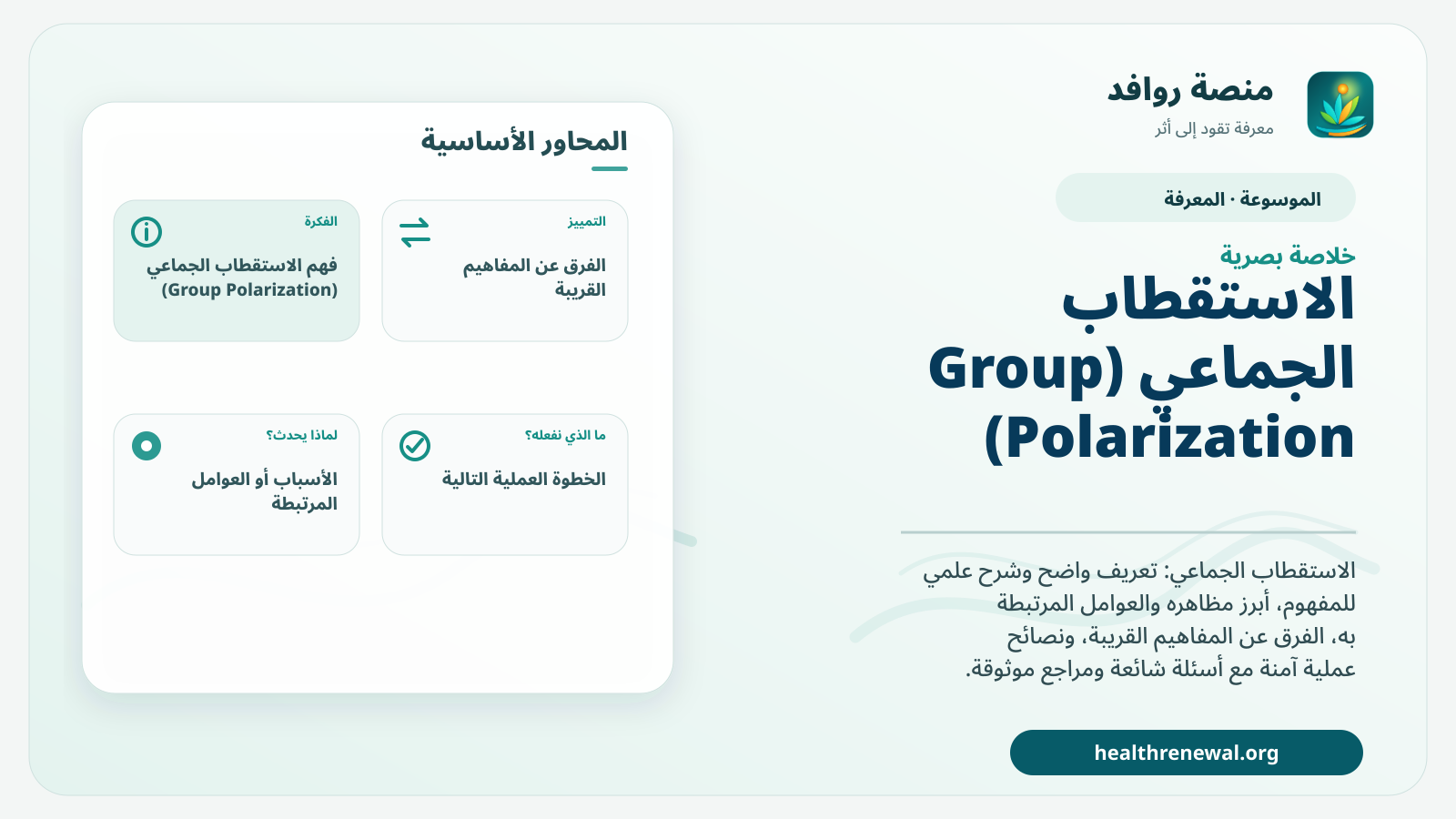 صورة بارزة من منصة روافد تلخص «الاستقطاب الجماعي (Group Polarization)» بصريًا وفق محاور الصفحة الأساسية