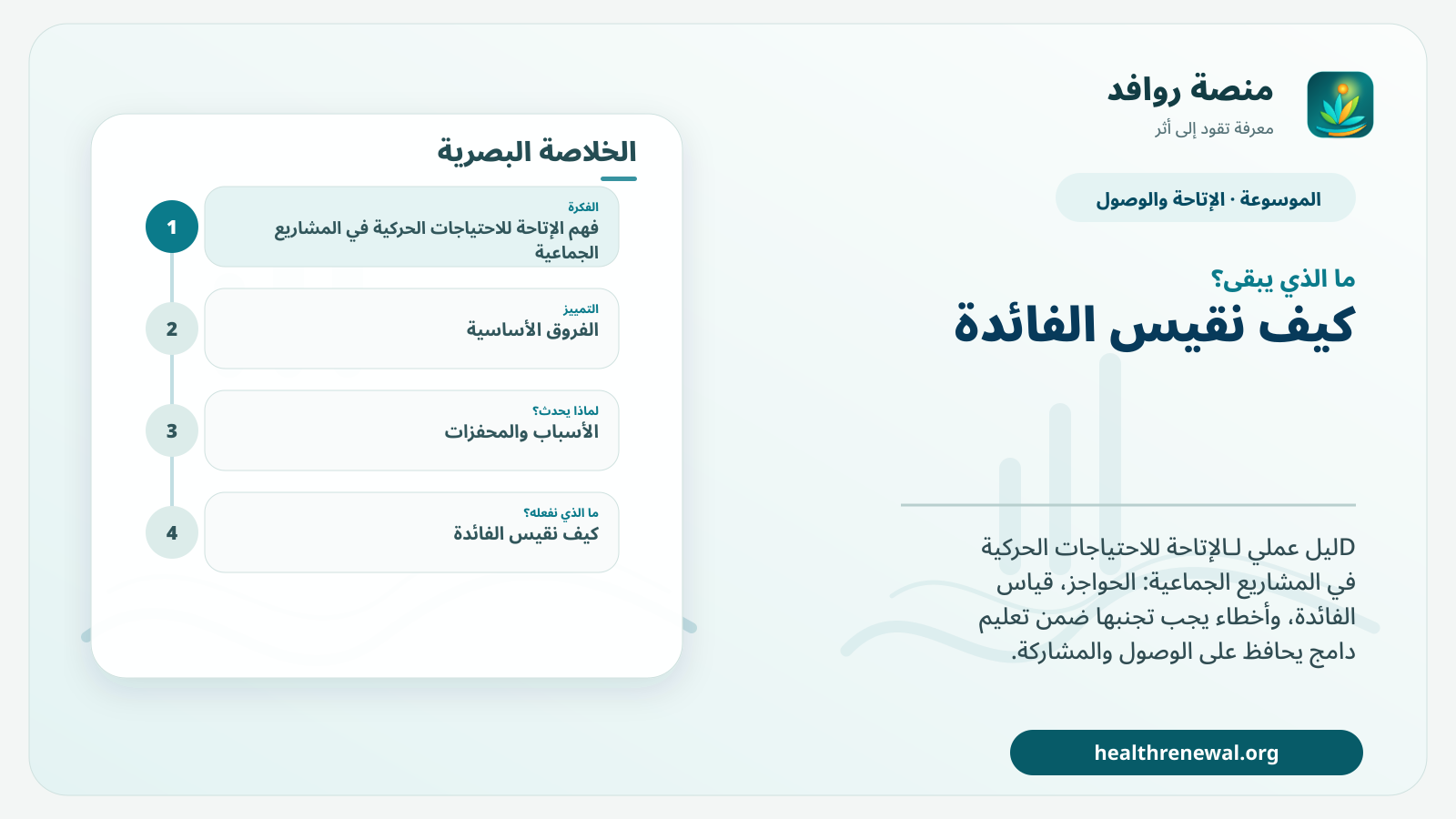 مخطط ختامي من منصة روافد يلخص «الإتاحة للاحتياجات الحركية في المشاريع الجماعية» ويعرض أهم المحاور والخطوات التالية