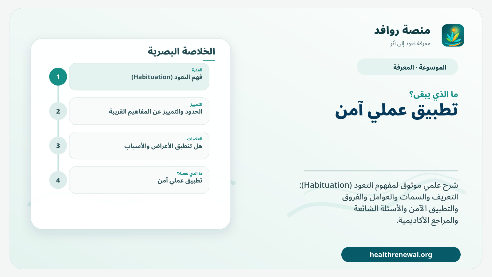 مخطط ختامي من منصة روافد يلخص «التعود (Habituation)» ويعرض أهم المحاور والخطوات التالية