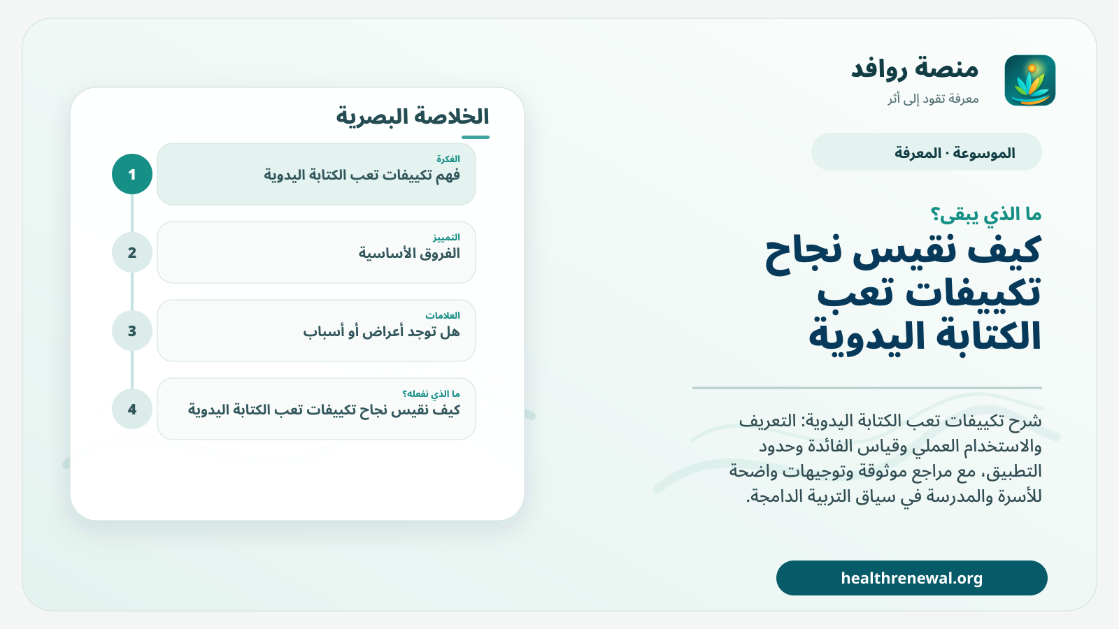 مخطط ختامي من منصة روافد يلخص «تكييفات تعب الكتابة اليدوية» ويعرض أهم المحاور والخطوات التالية