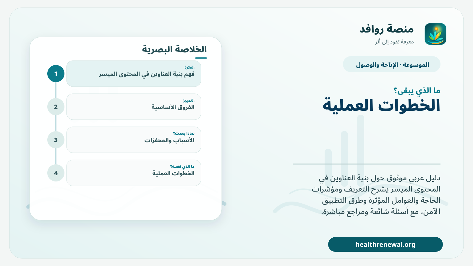 مخطط ختامي من منصة روافد يلخص «بنية العناوين في المحتوى الميسر» ويعرض أهم المحاور والخطوات التالية