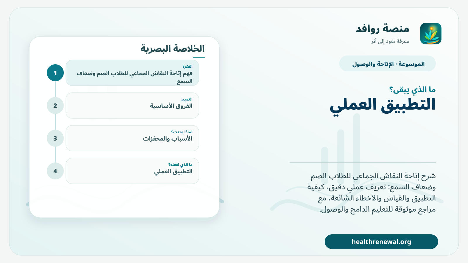مخطط ختامي من منصة روافد يلخص «إتاحة النقاش الجماعي للطلاب الصم وضعاف السمع» ويعرض أهم المحاور والخطوات التالية
