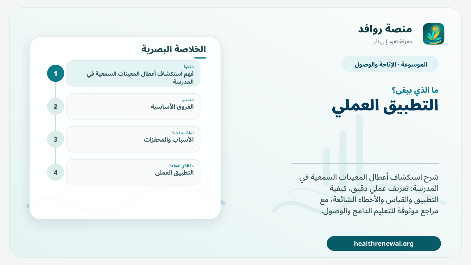 مخطط ختامي من منصة روافد يلخص «استكشاف أعطال المعينات السمعية في المدرسة» ويعرض أهم المحاور والخطوات التالية