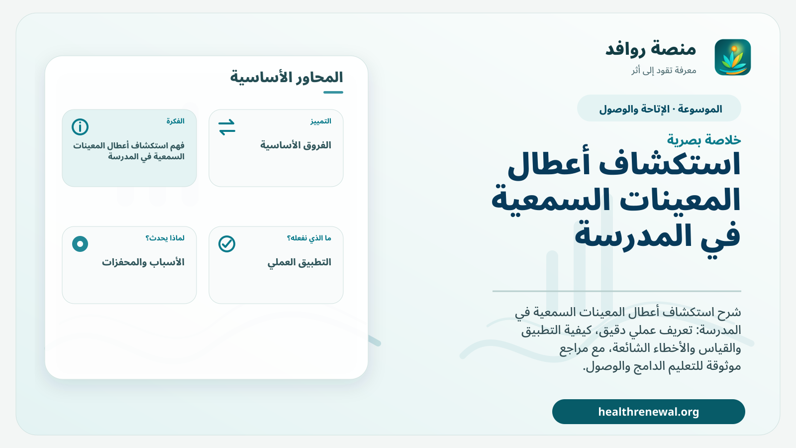 صورة بارزة من منصة روافد تلخص «استكشاف أعطال المعينات السمعية في المدرسة» بصريًا وفق محاور الصفحة الأساسية