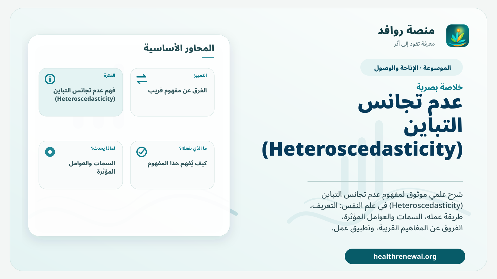 صورة بارزة من منصة روافد تلخص «عدم تجانس التباين (Heteroscedasticity)» بصريًا وفق محاور الصفحة الأساسية