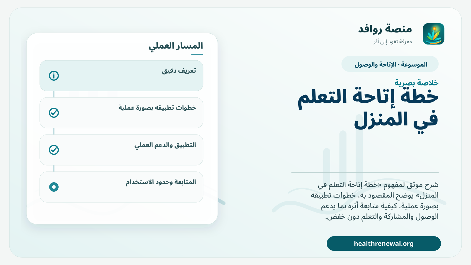 صورة بارزة من منصة روافد تلخص «خطة إتاحة التعلم في المنزل» بصريًا وفق محاور الصفحة الأساسية
