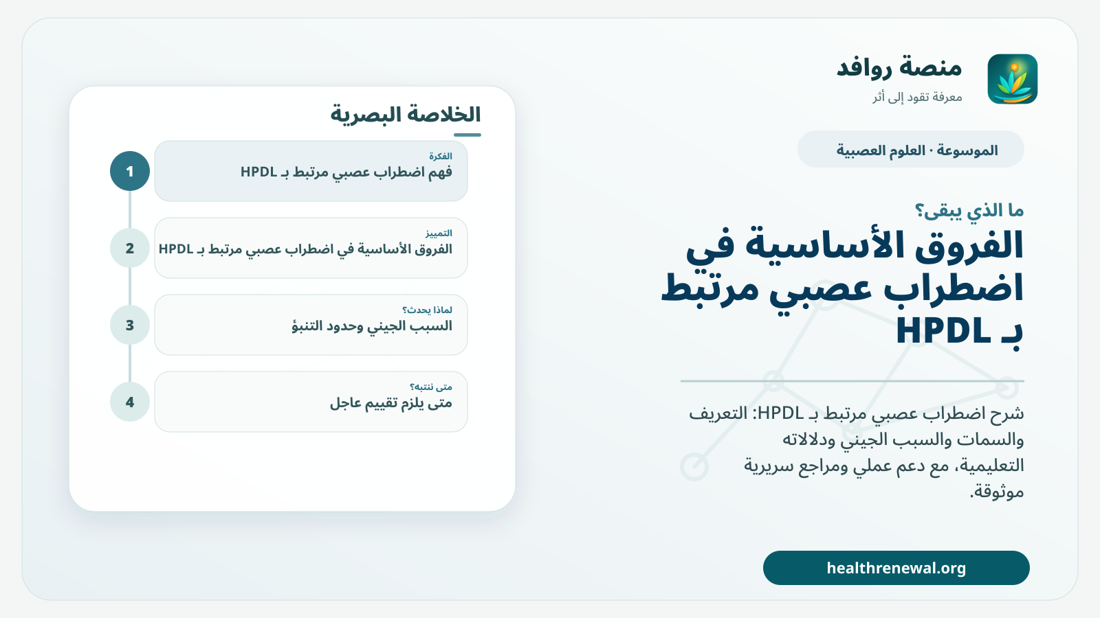مخطط ختامي من منصة روافد يلخص «اضطراب عصبي مرتبط بـ HPDL» ويعرض أهم المحاور والخطوات التالية
