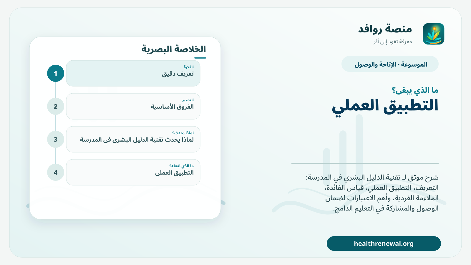 مخطط ختامي من منصة روافد يلخص «تقنية الدليل البشري في المدرسة» ويعرض أهم المحاور والخطوات التالية