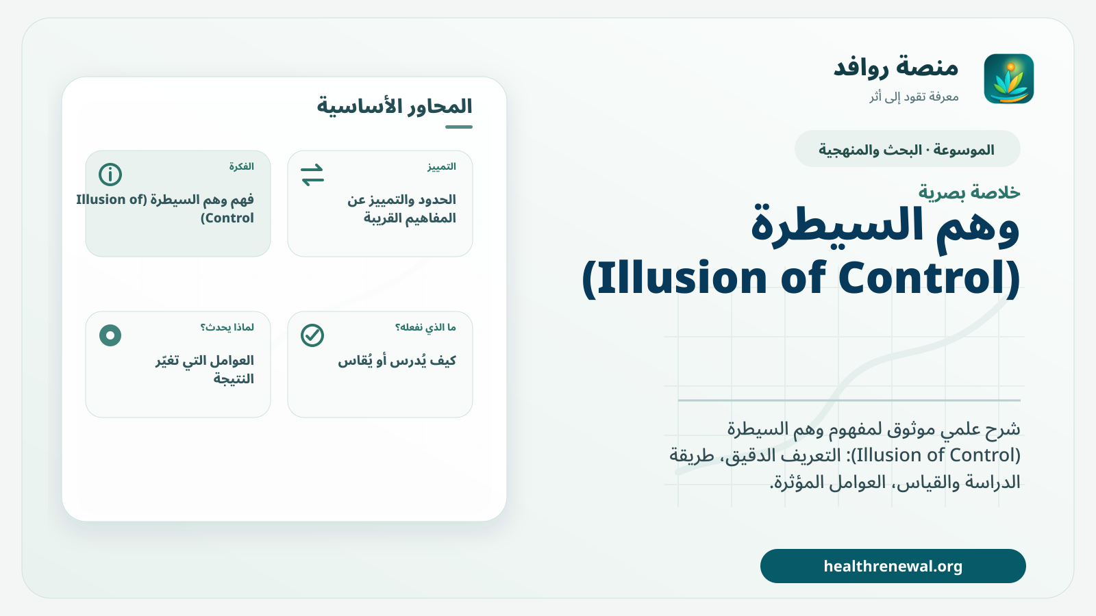 صورة بارزة من منصة روافد تلخص «وهم السيطرة (Illusion of Control)» بصريًا وفق محاور الصفحة الأساسية