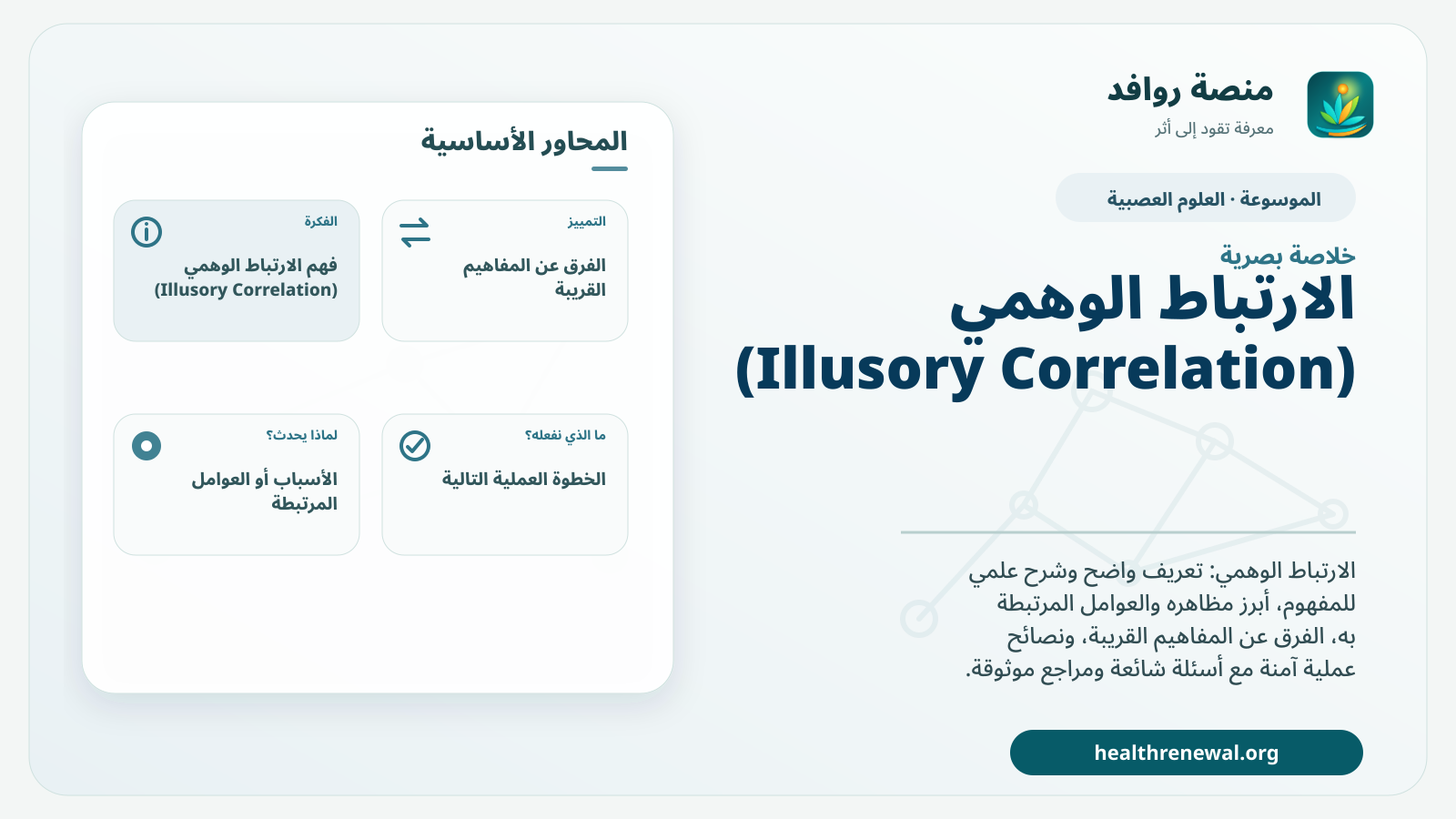 صورة بارزة من منصة روافد تلخص «الارتباط الوهمي (Illusory Correlation)» بصريًا وفق محاور الصفحة الأساسية