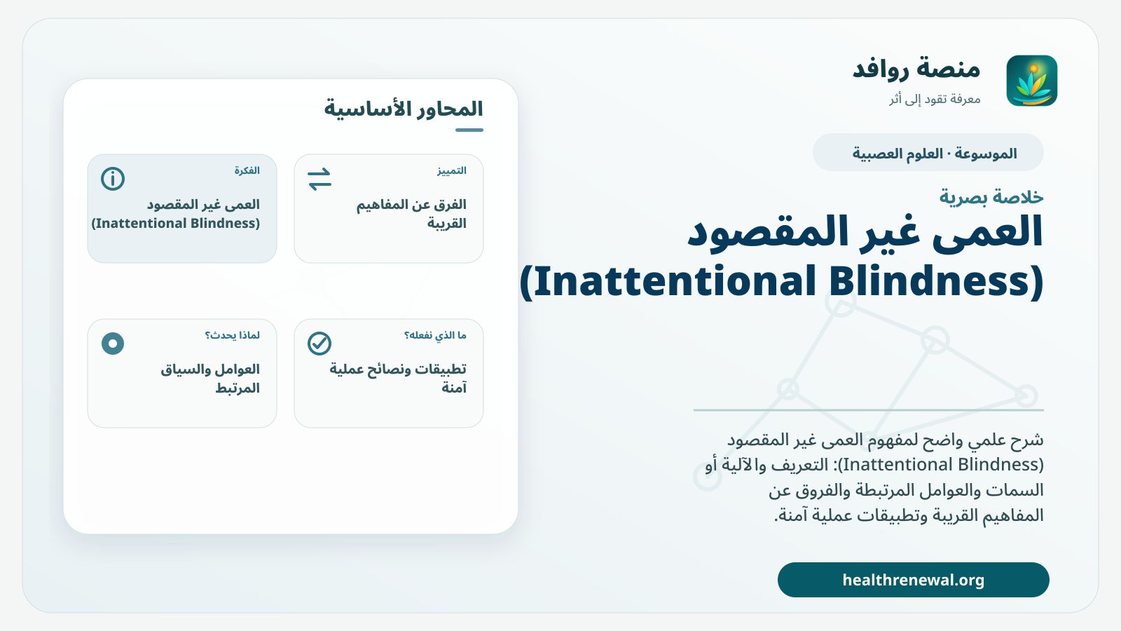 صورة بارزة من منصة روافد تلخص «العمى غير المقصود (Inattentional Blindness)» بصريًا وفق محاور الصفحة الأساسية