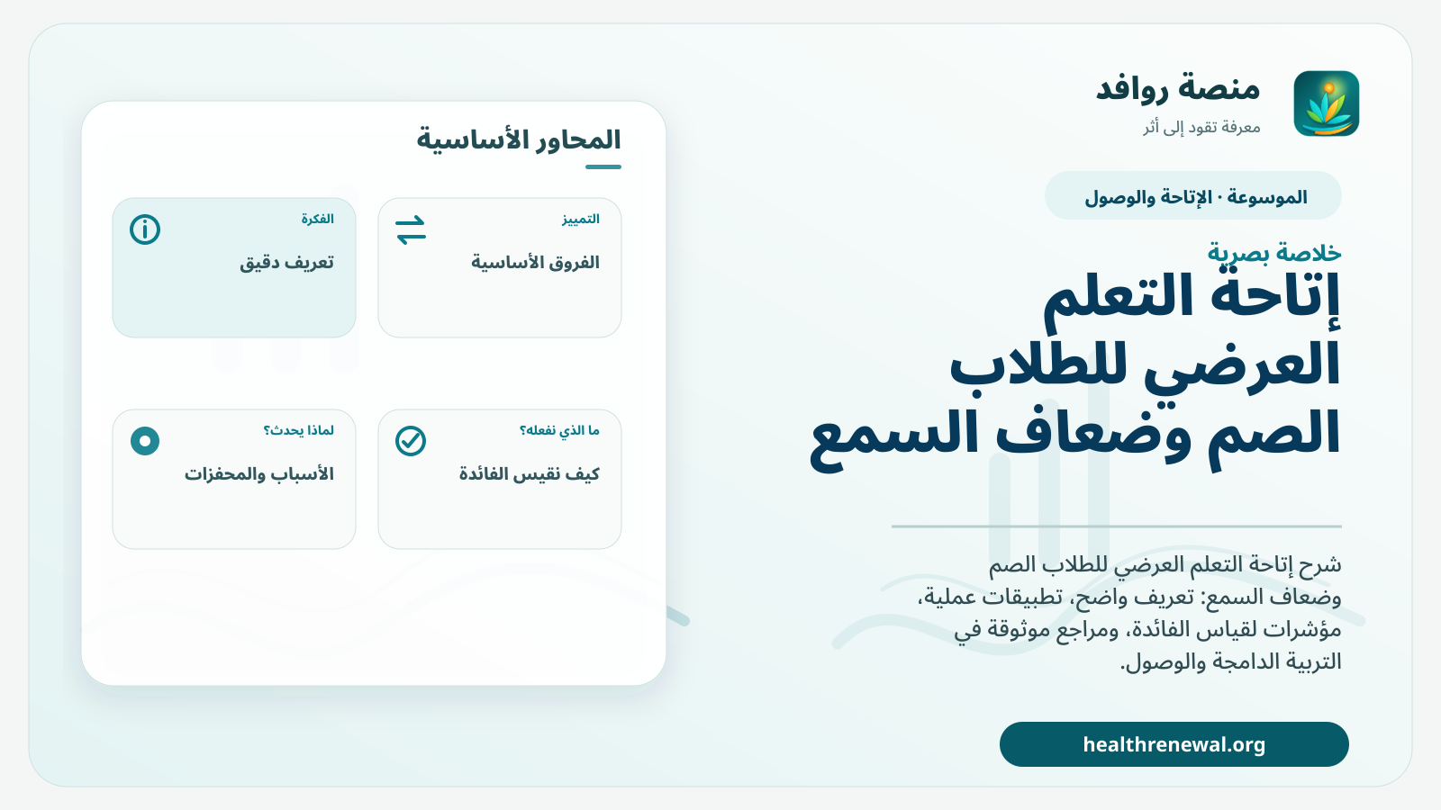 صورة بارزة من منصة روافد تلخص «إتاحة التعلم العرضي للطلاب الصم وضعاف السمع» بصريًا وفق محاور الصفحة الأساسية