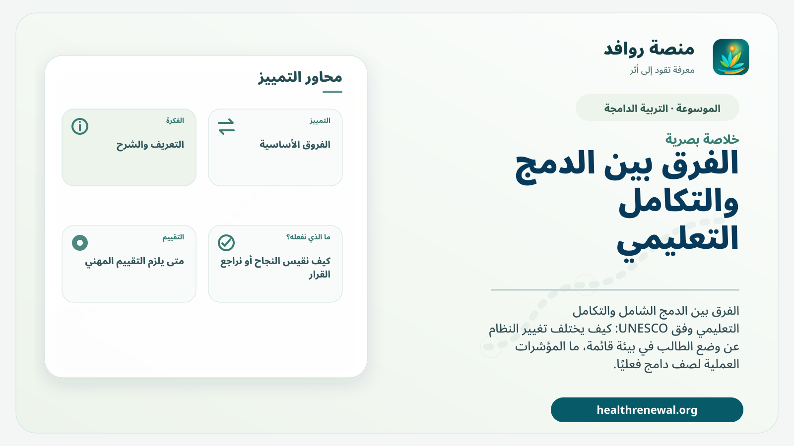 صورة بارزة من منصة روافد تلخص «الفرق بين الدمج والتكامل التعليمي» بصريًا وفق محاور الصفحة الأساسية
