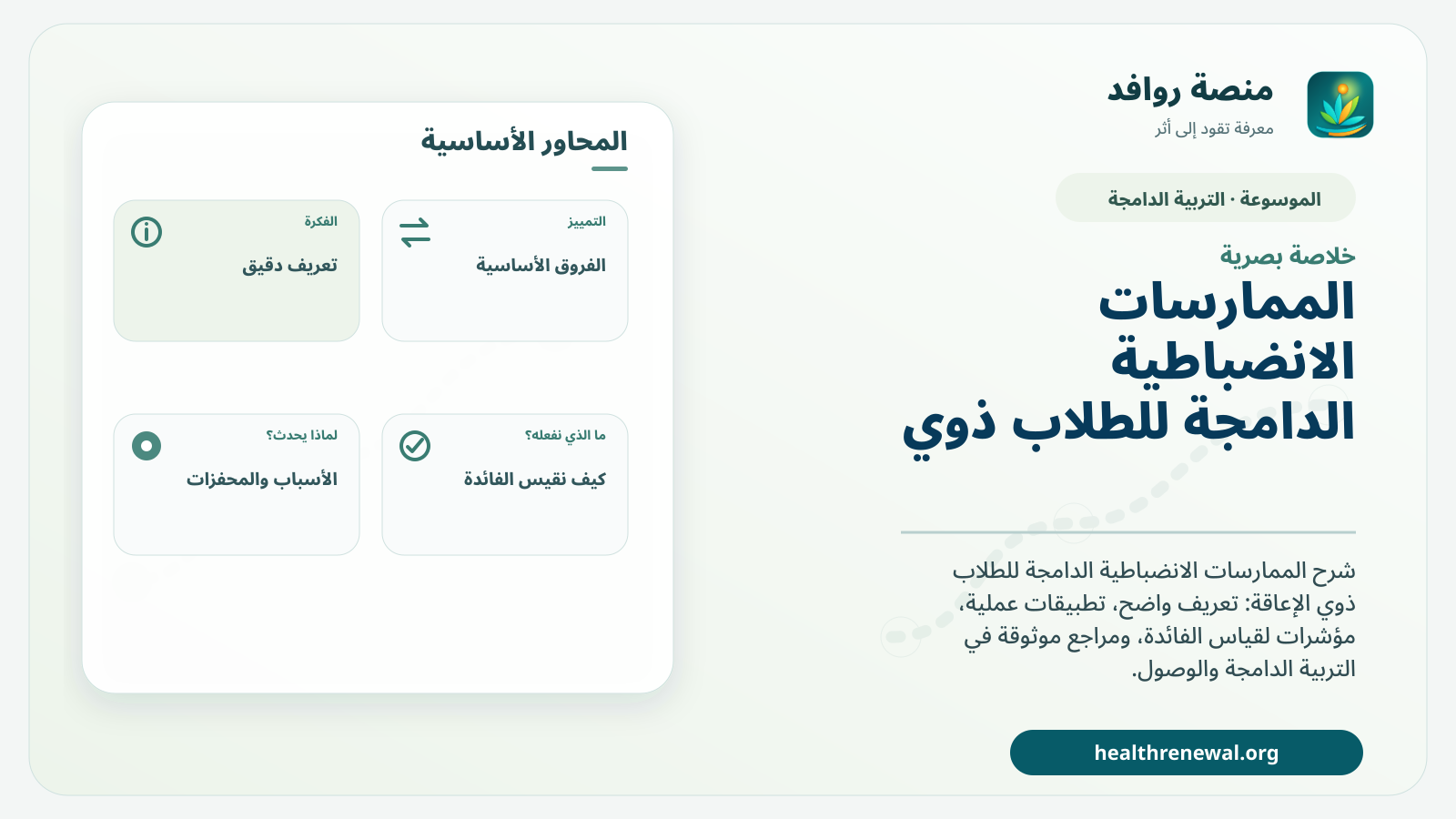 صورة بارزة من منصة روافد تلخص «الممارسات الانضباطية الدامجة للطلاب ذوي الإعاقة» بصريًا وفق محاور الصفحة الأساسية