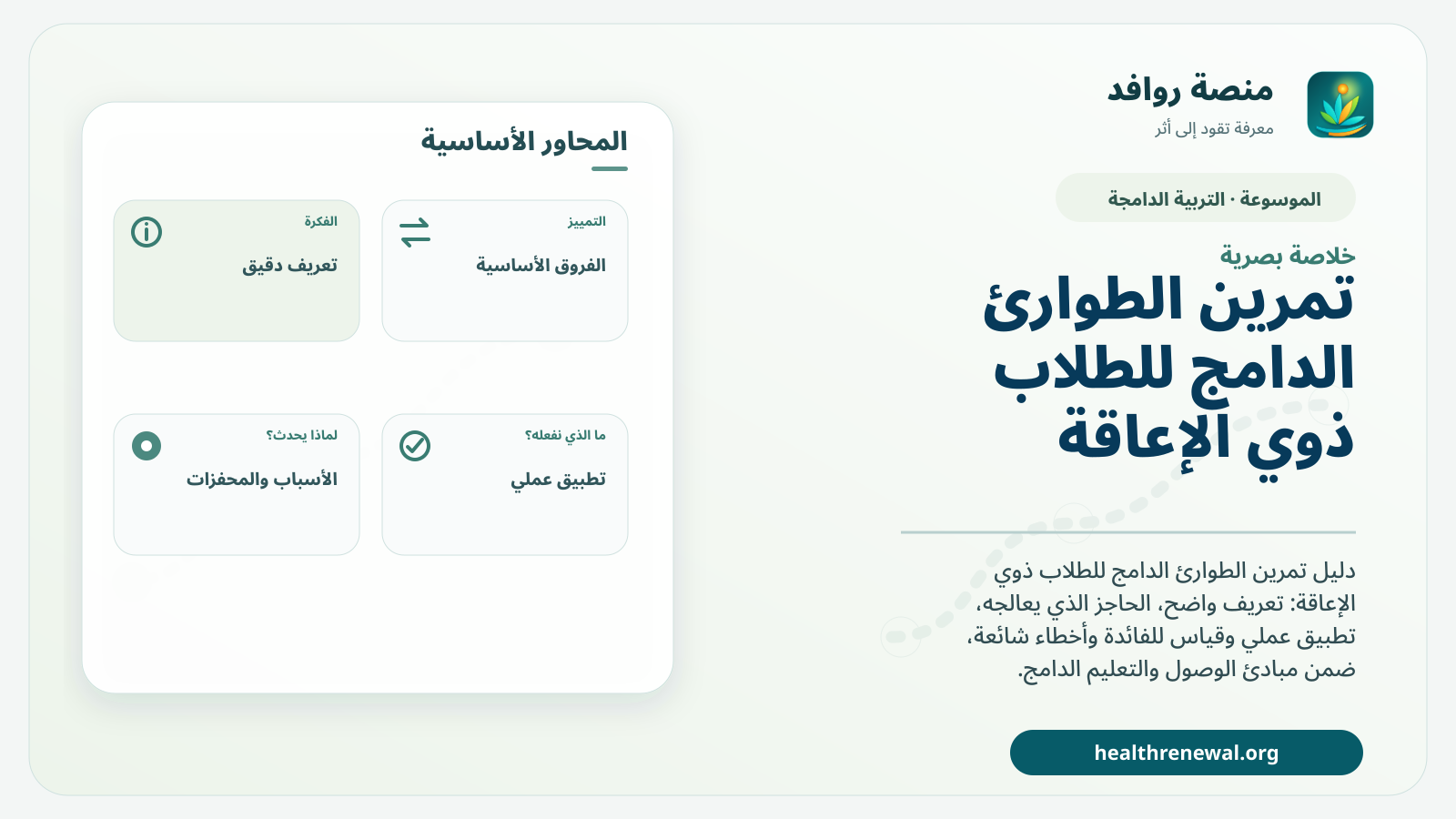 صورة بارزة من منصة روافد تلخص «تمرين الطوارئ الدامج للطلاب ذوي الإعاقة» بصريًا وفق محاور الصفحة الأساسية