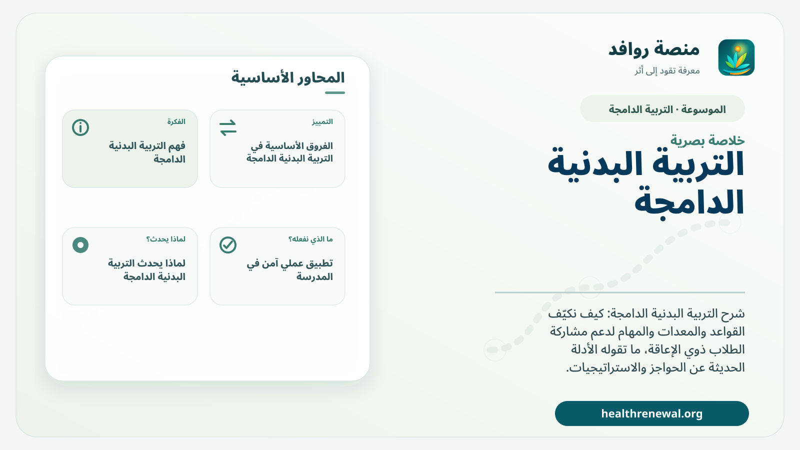 صورة بارزة من منصة روافد تلخص «التربية البدنية الدامجة» بصريًا وفق محاور الصفحة الأساسية