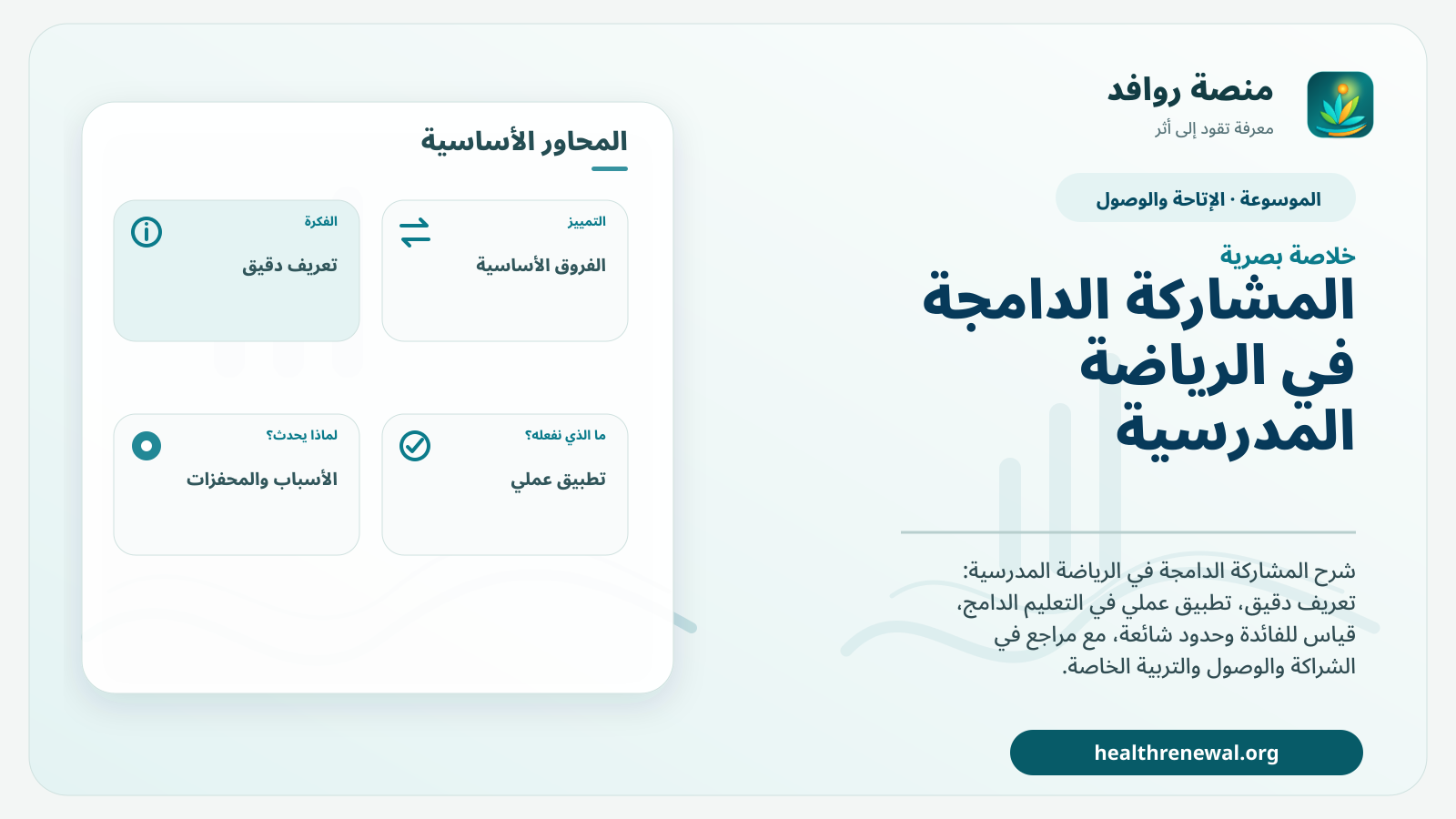 صورة بارزة من منصة روافد تلخص «المشاركة الدامجة في الرياضة المدرسية» بصريًا وفق محاور الصفحة الأساسية