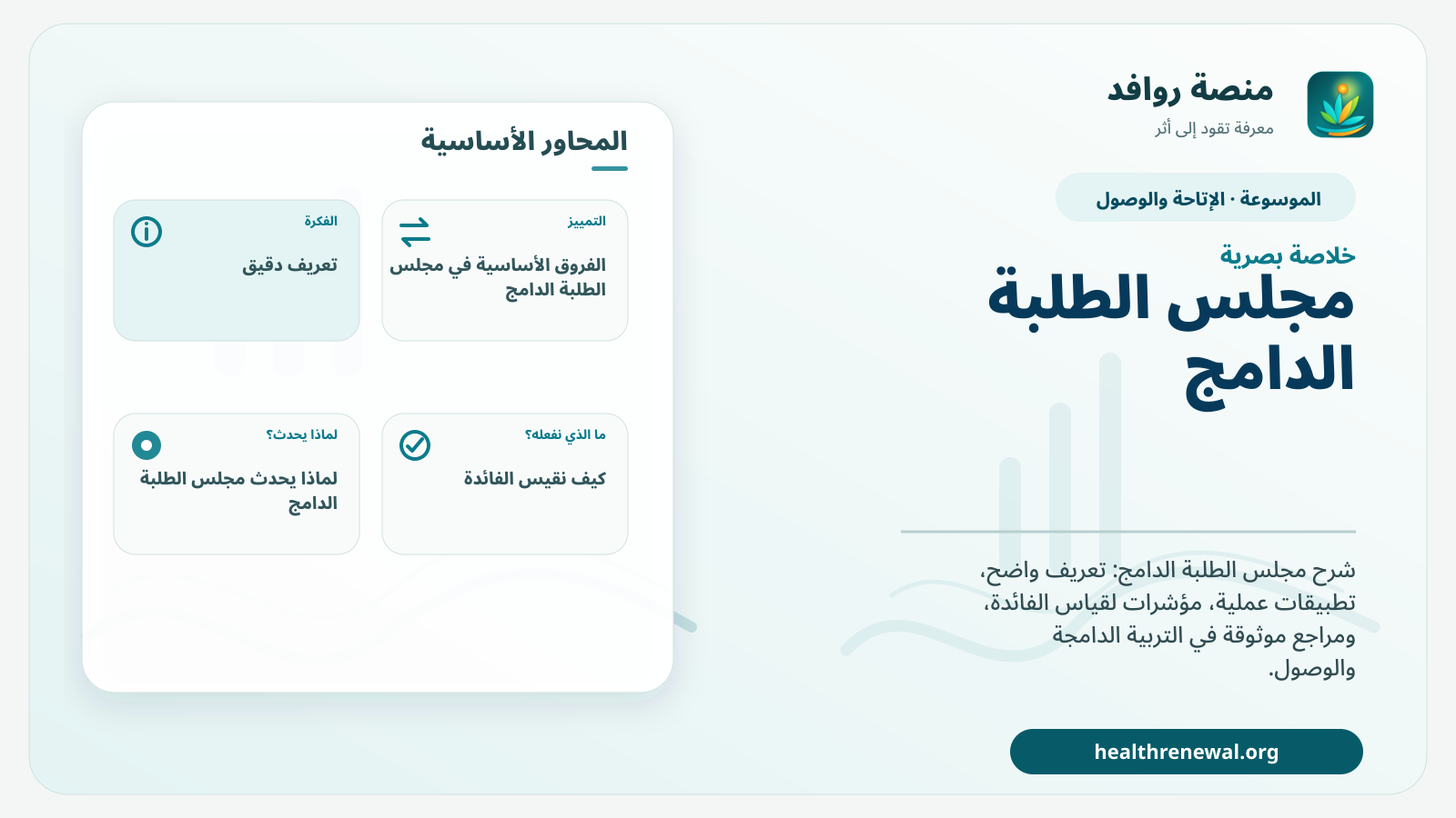 صورة بارزة من منصة روافد تلخص «مجلس الطلبة الدامج» بصريًا وفق محاور الصفحة الأساسية