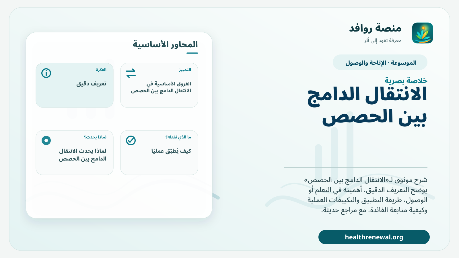 صورة بارزة من منصة روافد تلخص «الانتقال الدامج بين الحصص» بصريًا وفق محاور الصفحة الأساسية
