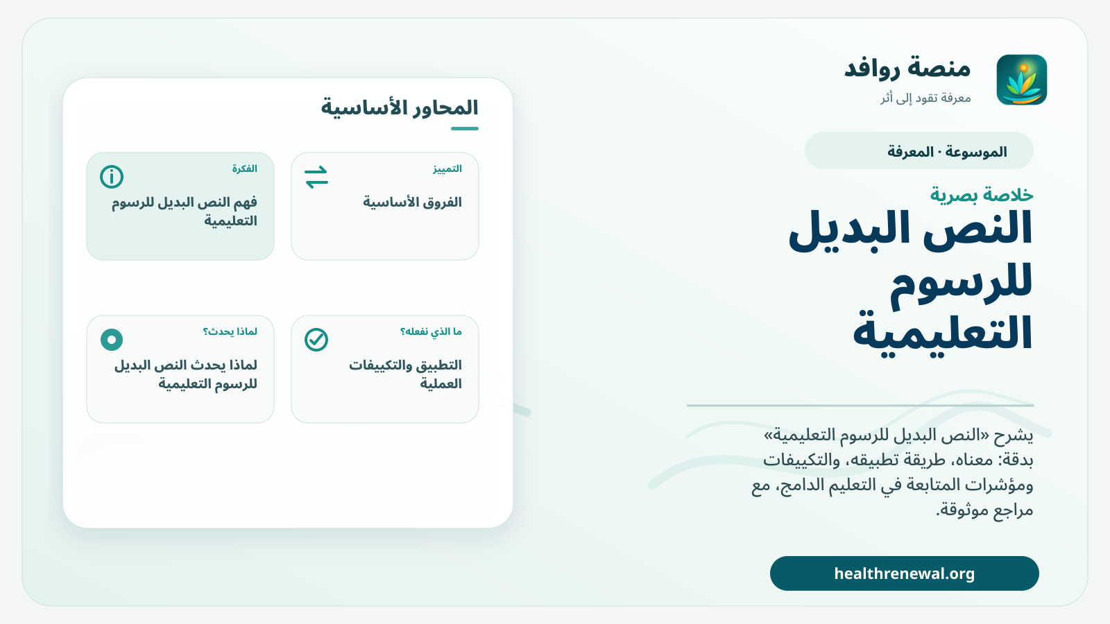 صورة بارزة من منصة روافد تلخص «النص البديل للرسوم التعليمية» بصريًا وفق محاور الصفحة الأساسية