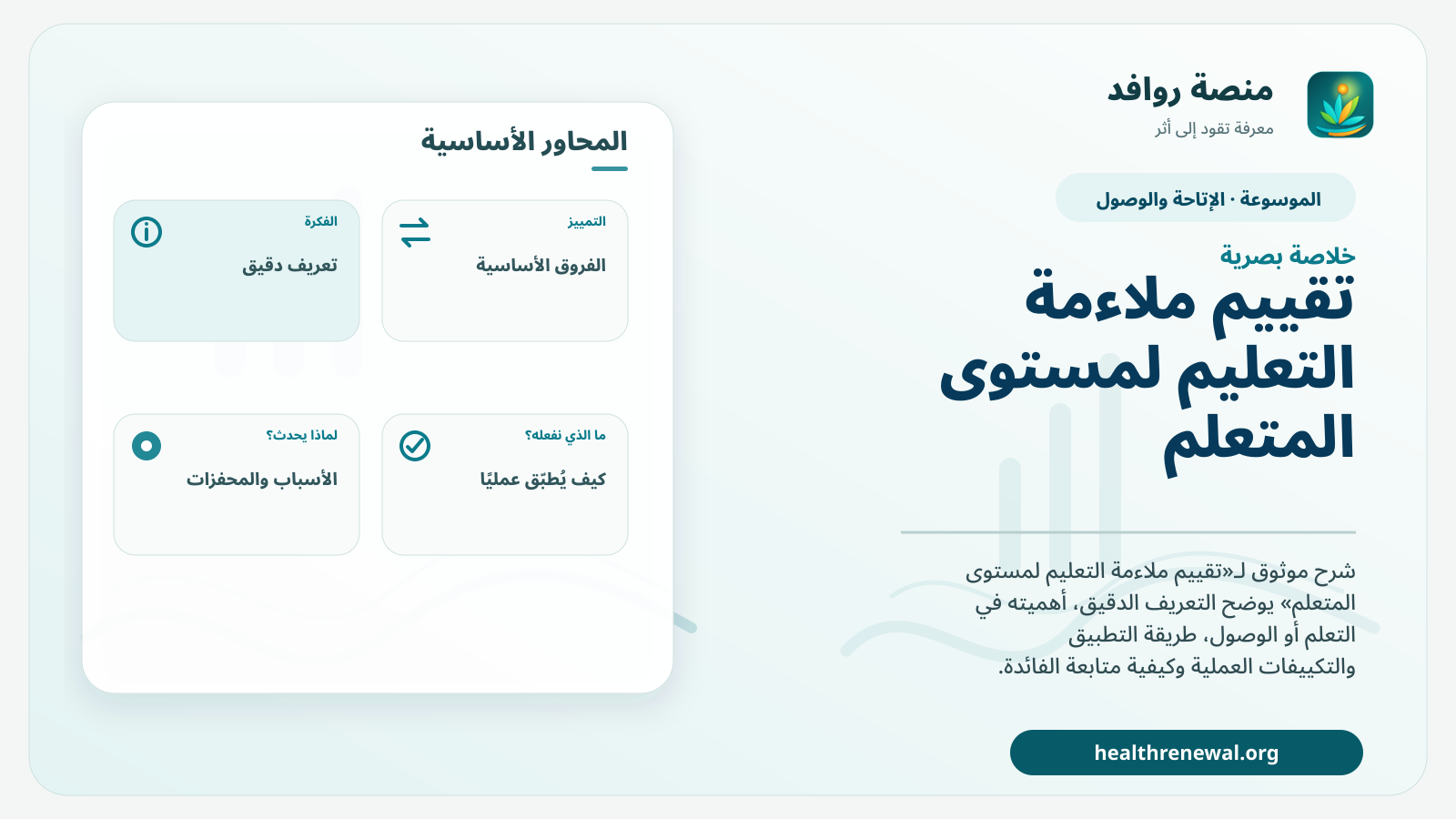 صورة بارزة من منصة روافد تلخص «تقييم ملاءمة التعليم لمستوى المتعلم» بصريًا وفق محاور الصفحة الأساسية