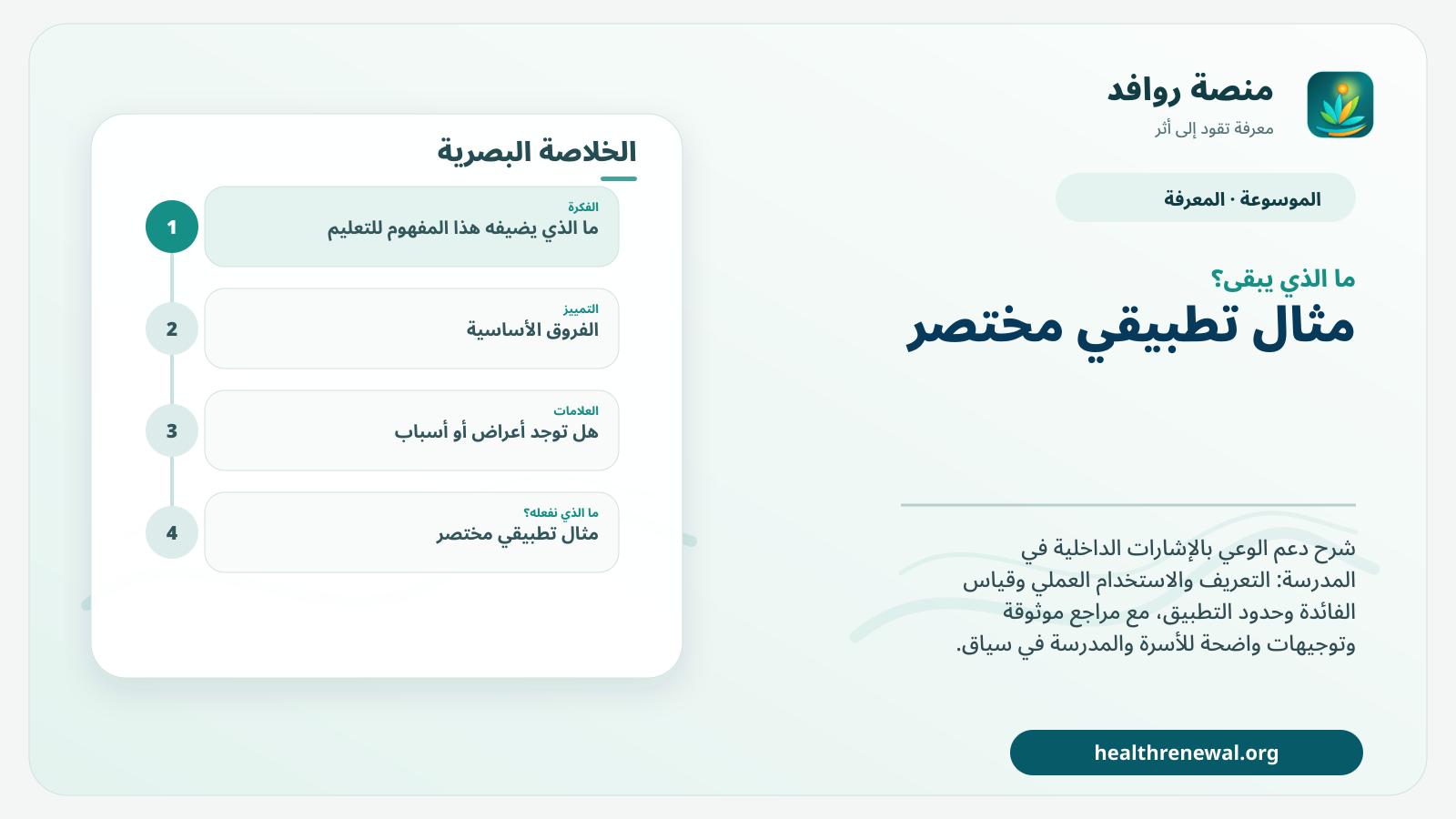 مخطط ختامي من منصة روافد يلخص «دعم الوعي بالإشارات الداخلية في المدرسة» ويعرض أهم المحاور والخطوات التالية
