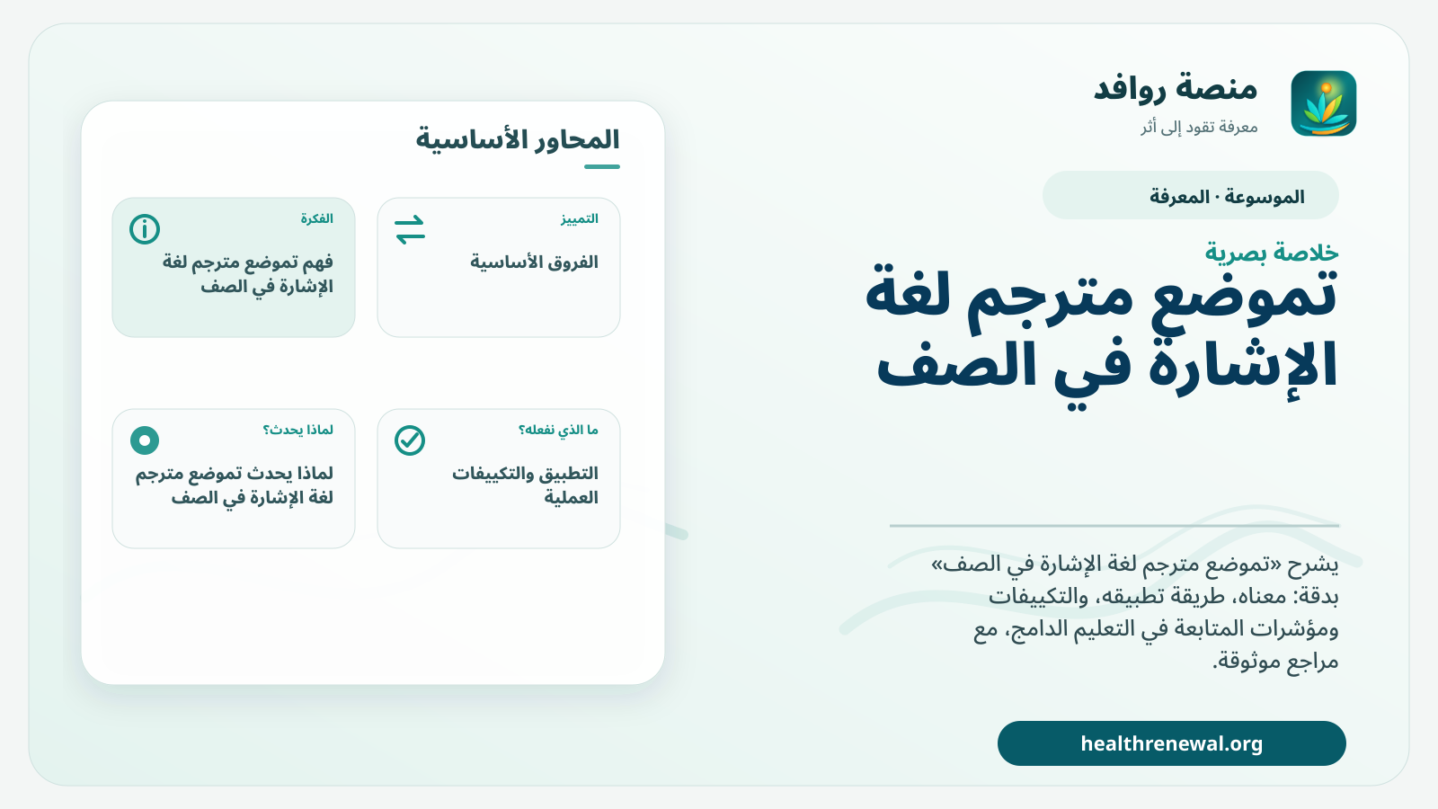 صورة بارزة من منصة روافد تلخص «تموضع مترجم لغة الإشارة في الصف» بصريًا وفق محاور الصفحة الأساسية
