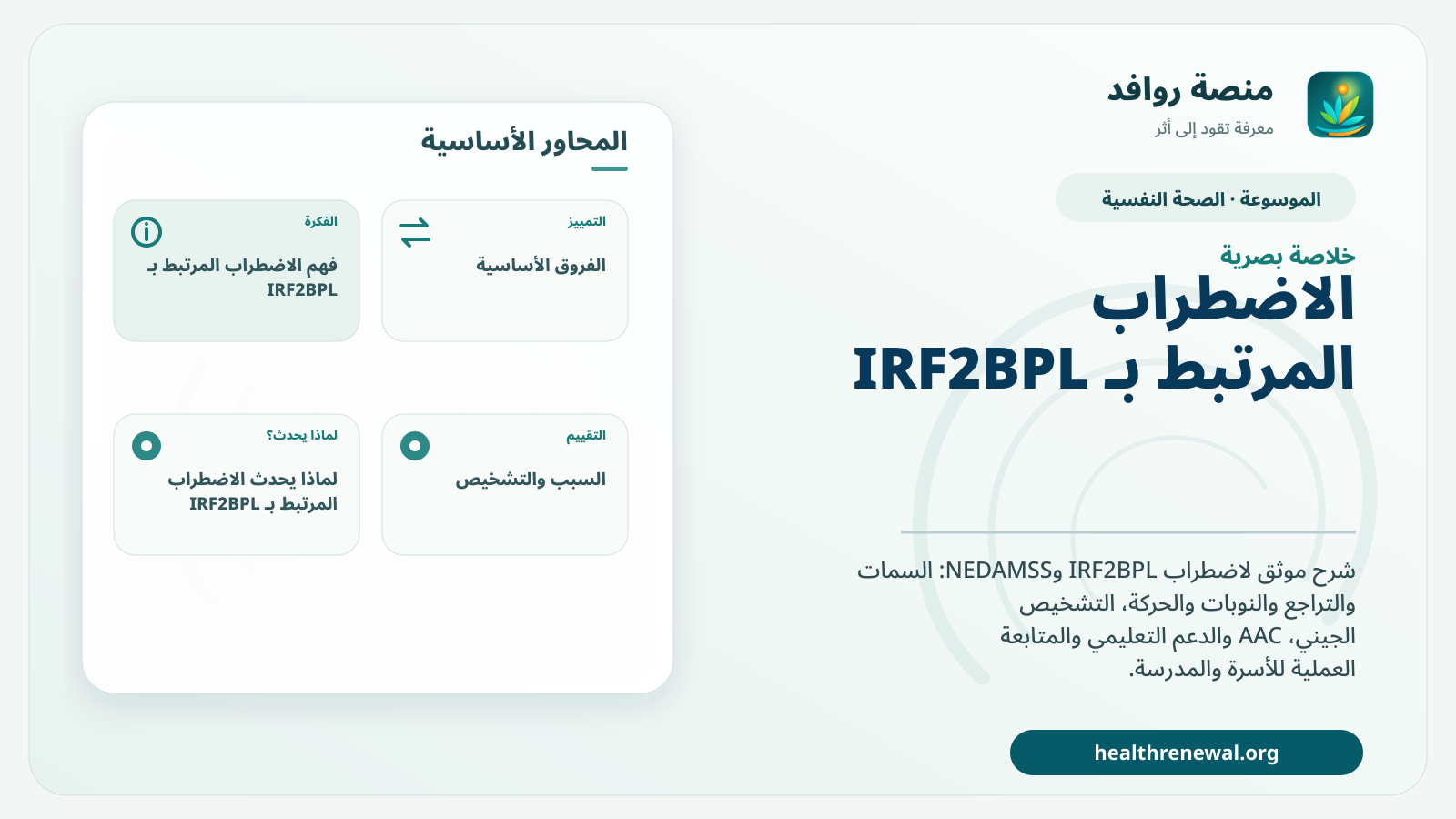 صورة بارزة من منصة روافد تلخص «الاضطراب المرتبط بـ IRF2BPL» بصريًا وفق محاور الصفحة الأساسية