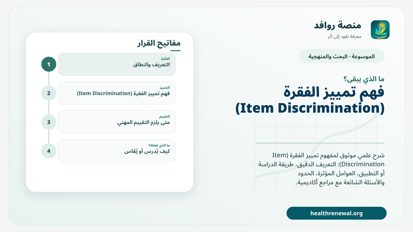 مخطط ختامي من منصة روافد يلخص «تمييز الفقرة (Item Discrimination)» ويعرض أهم المحاور والخطوات التالية