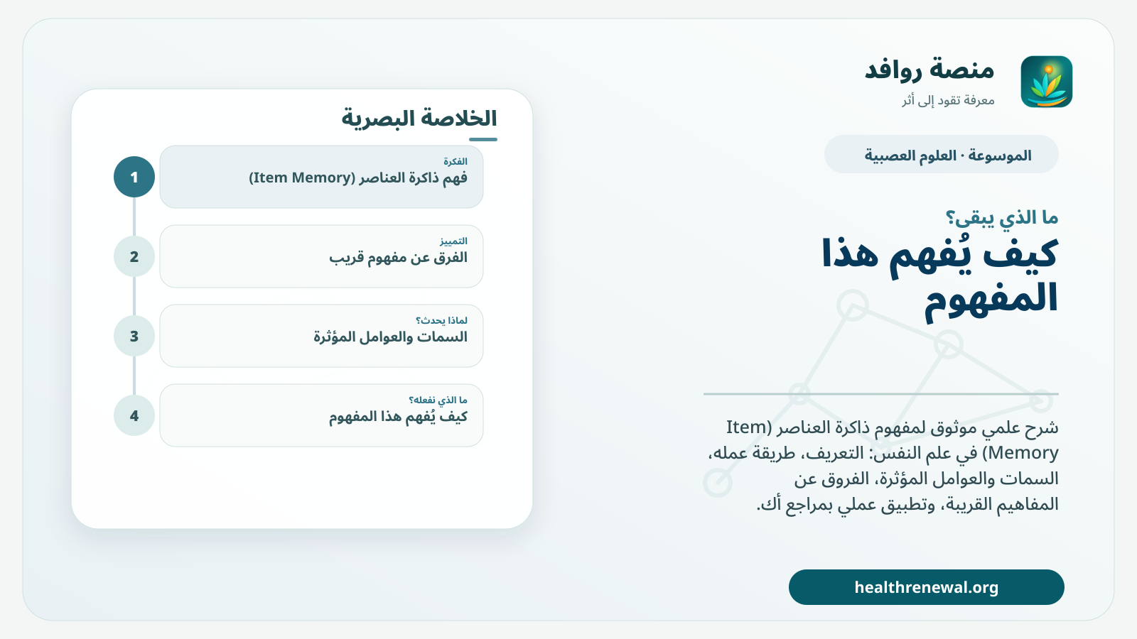 مخطط ختامي من منصة روافد يلخص «ذاكرة العناصر (Item Memory)» ويعرض أهم المحاور والخطوات التالية