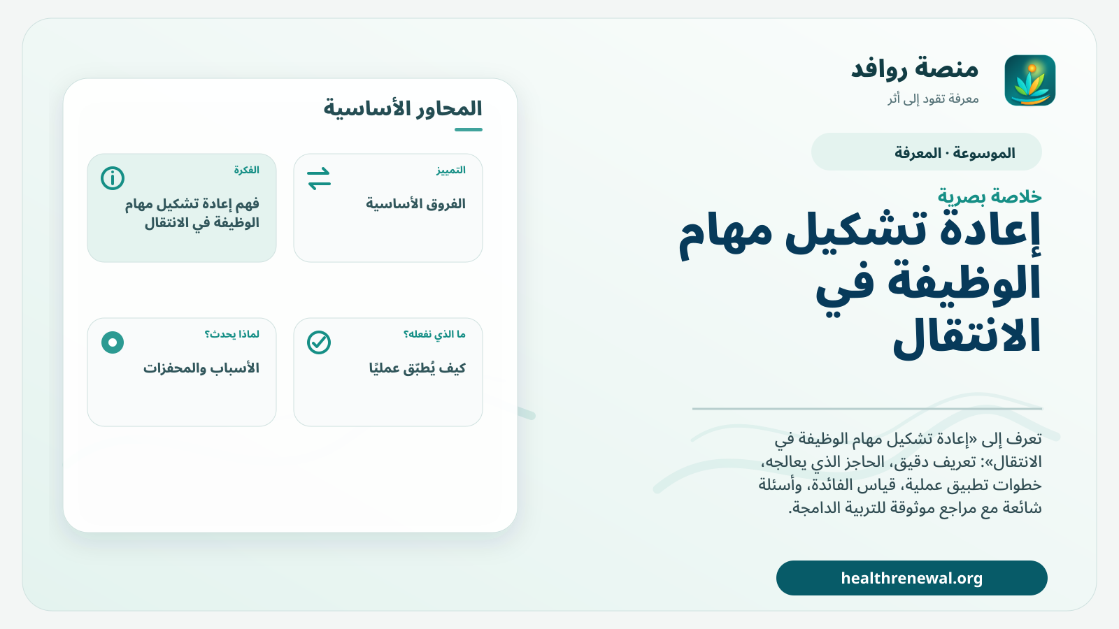 صورة بارزة من منصة روافد تلخص «إعادة تشكيل مهام الوظيفة في الانتقال» بصريًا وفق محاور الصفحة الأساسية