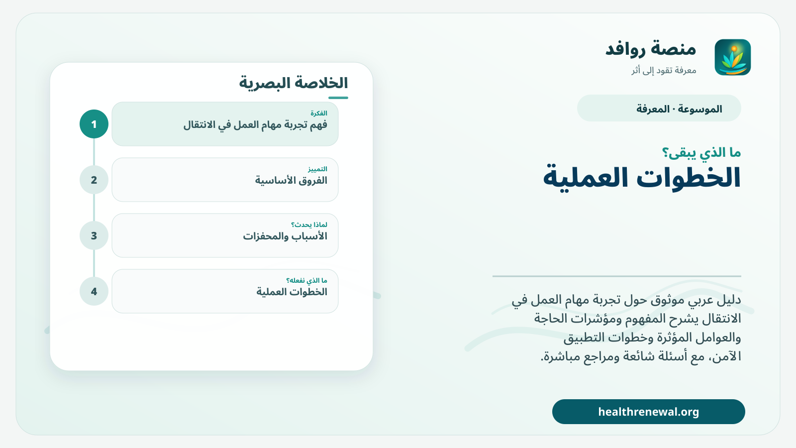 مخطط ختامي من منصة روافد يلخص «تجربة مهام العمل في الانتقال» ويعرض أهم المحاور والخطوات التالية