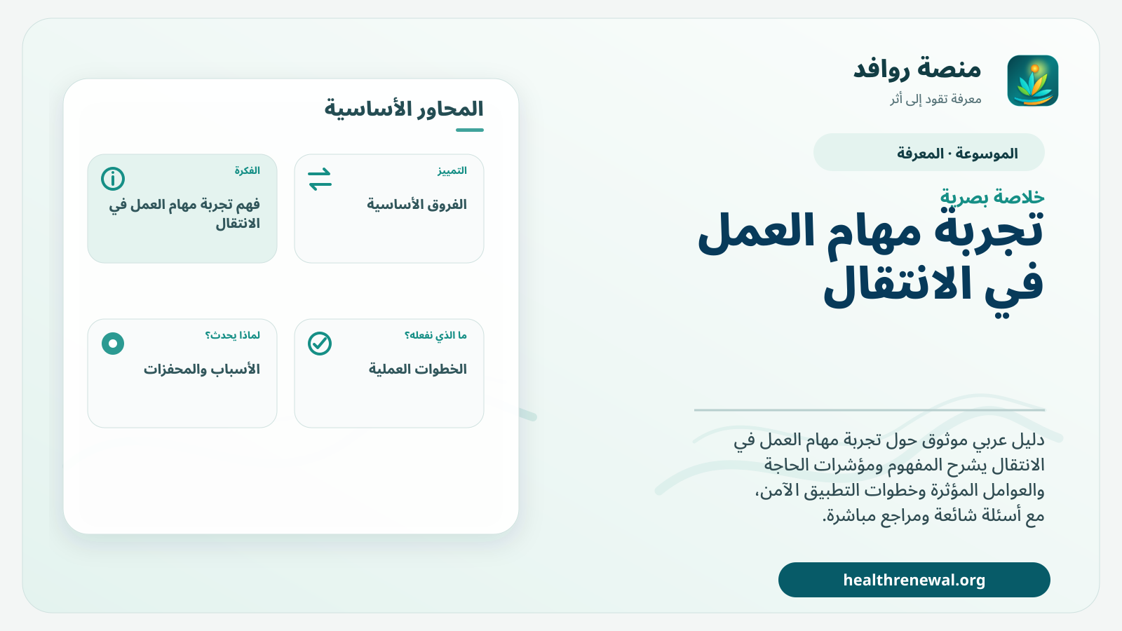 صورة بارزة من منصة روافد تلخص «تجربة مهام العمل في الانتقال» بصريًا وفق محاور الصفحة الأساسية