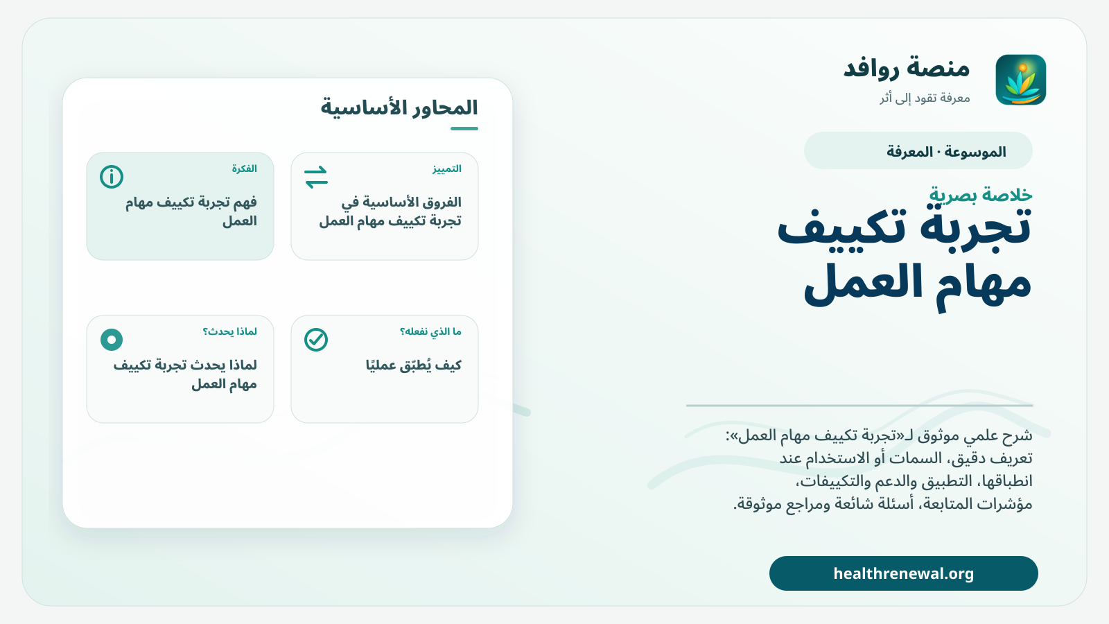 صورة بارزة من منصة روافد تلخص «تجربة تكييف مهام العمل» بصريًا وفق محاور الصفحة الأساسية
