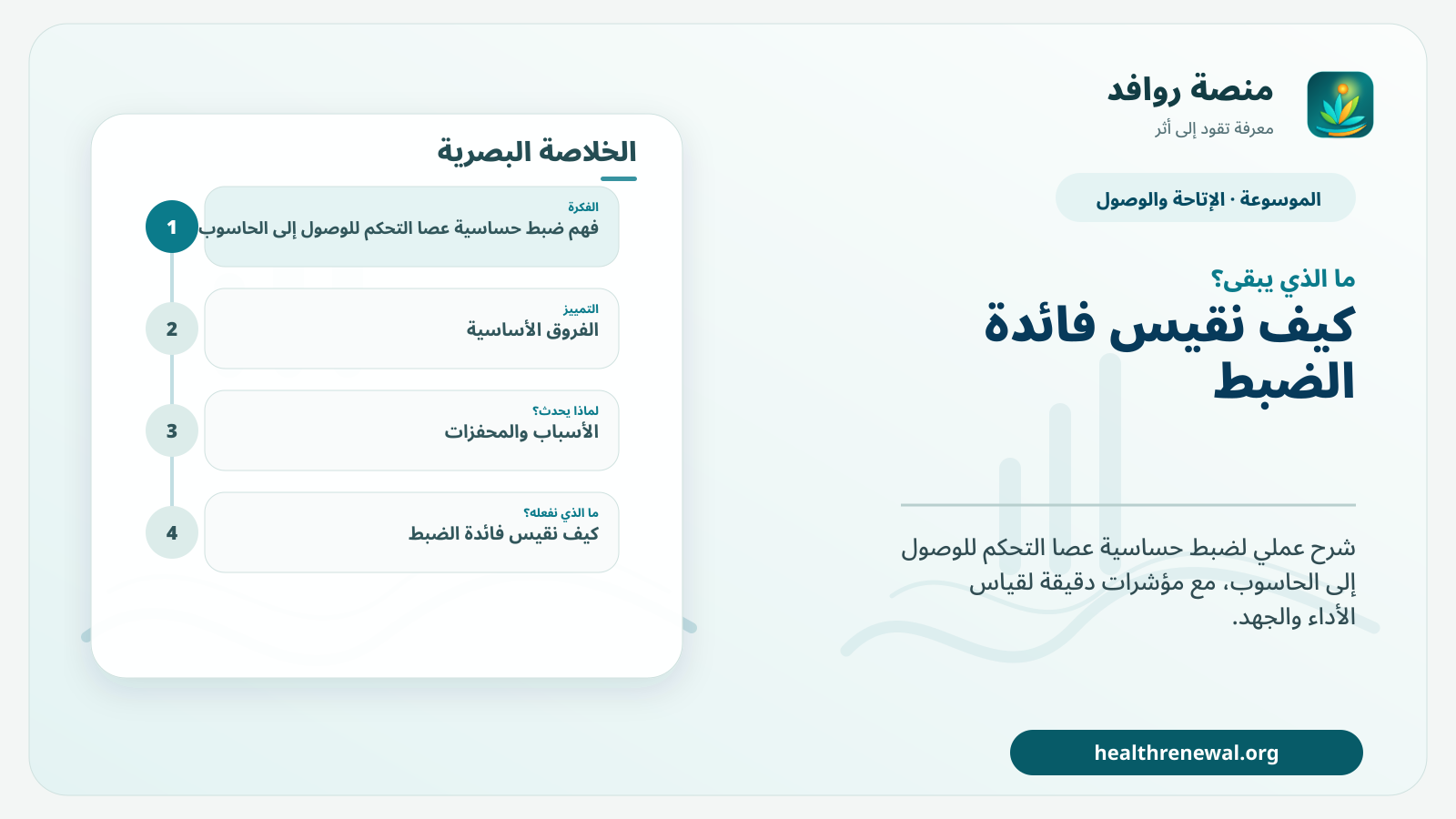 مخطط ختامي من منصة روافد يلخص «ضبط حساسية عصا التحكم للوصول إلى الحاسوب» ويعرض أهم المحاور والخطوات التالية