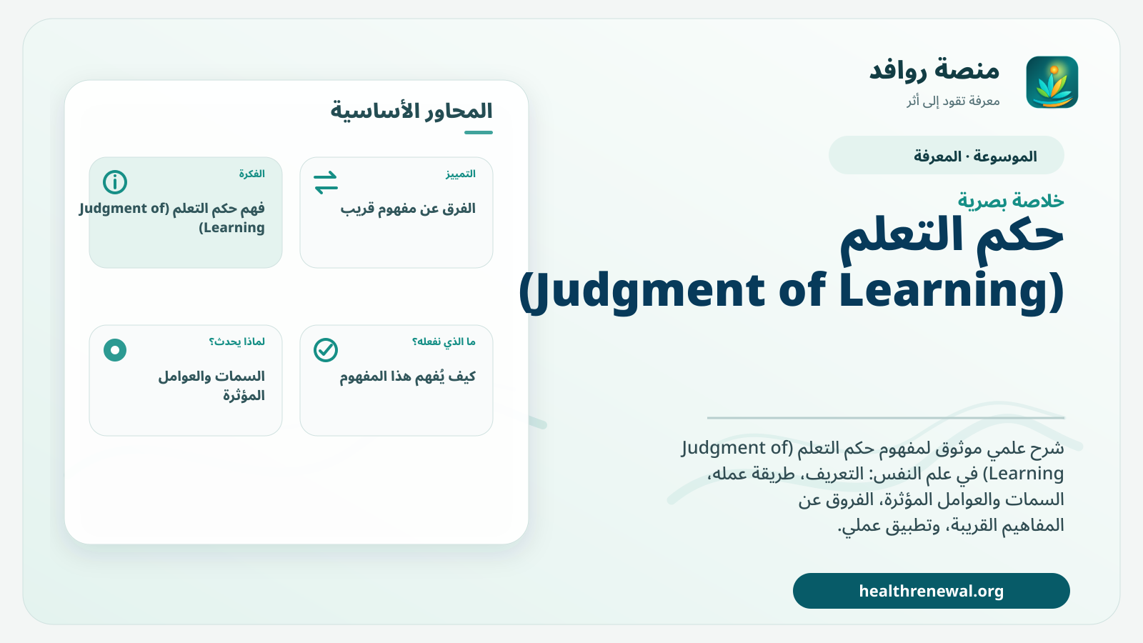 صورة بارزة من منصة روافد تلخص «حكم التعلم (Judgment of Learning)» بصريًا وفق محاور الصفحة الأساسية