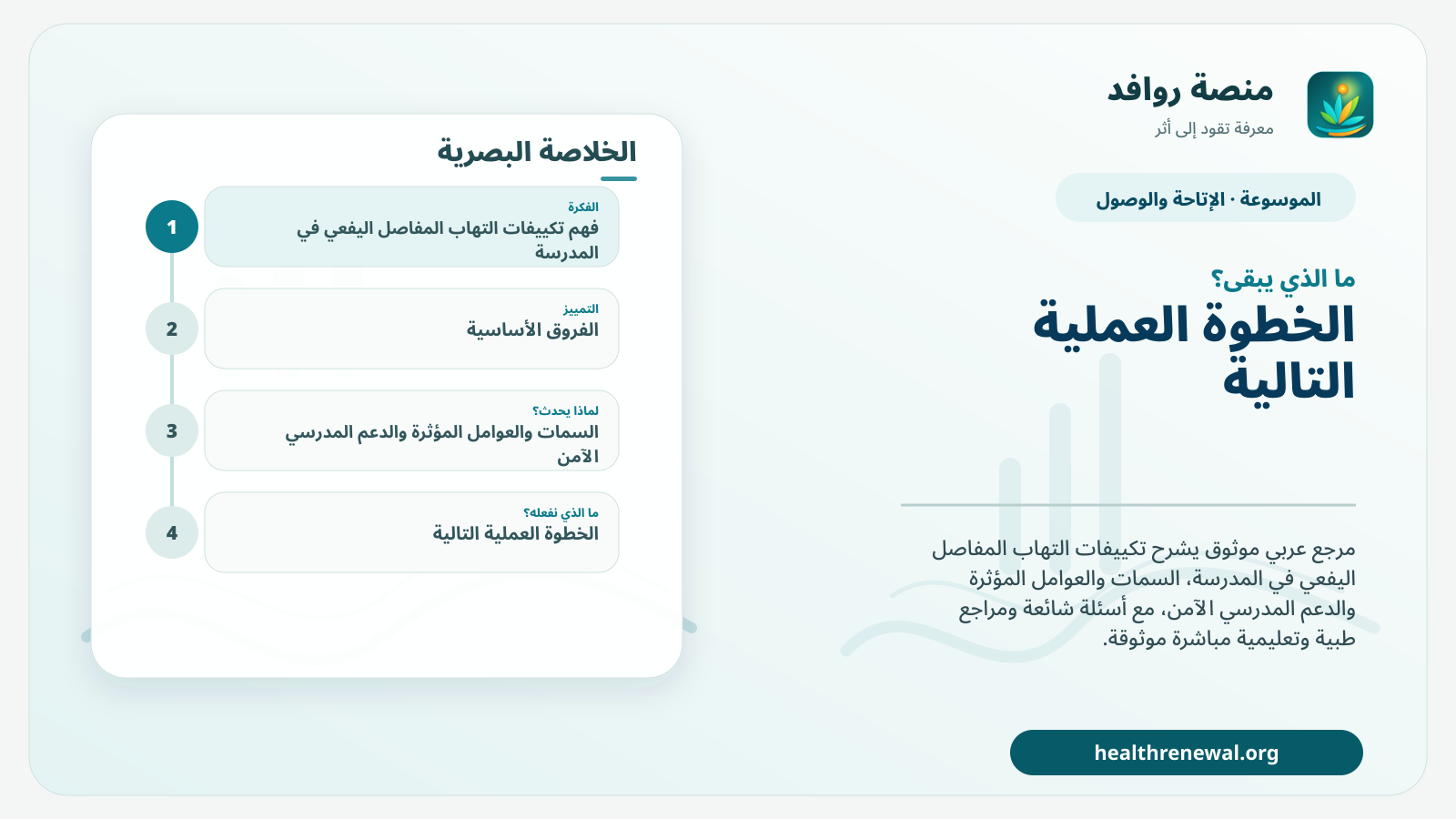 مخطط ختامي من منصة روافد يلخص «تكييفات التهاب المفاصل اليفعي في المدرسة» ويعرض أهم المحاور والخطوات التالية