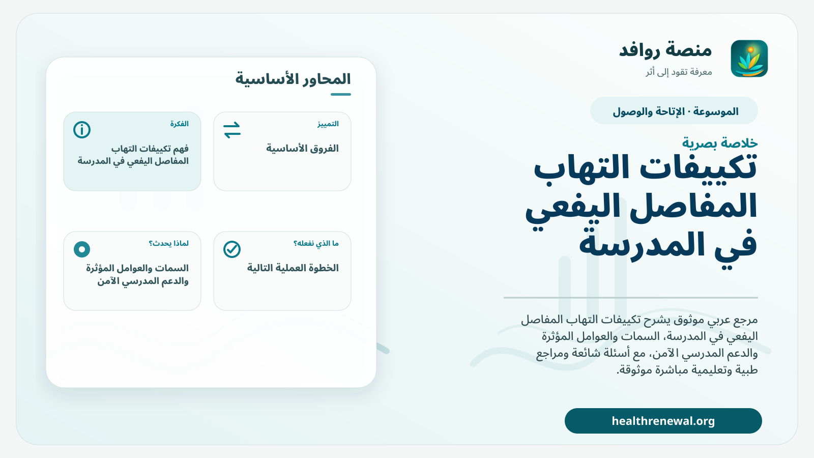 صورة بارزة من منصة روافد تلخص «تكييفات التهاب المفاصل اليفعي في المدرسة» بصريًا وفق محاور الصفحة الأساسية