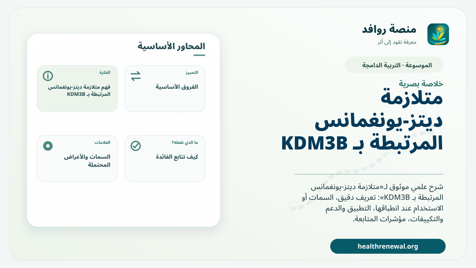 صورة بارزة من منصة روافد تلخص «متلازمة ديتز-يونغمانس المرتبطة بـ KDM3B» بصريًا وفق محاور الصفحة الأساسية